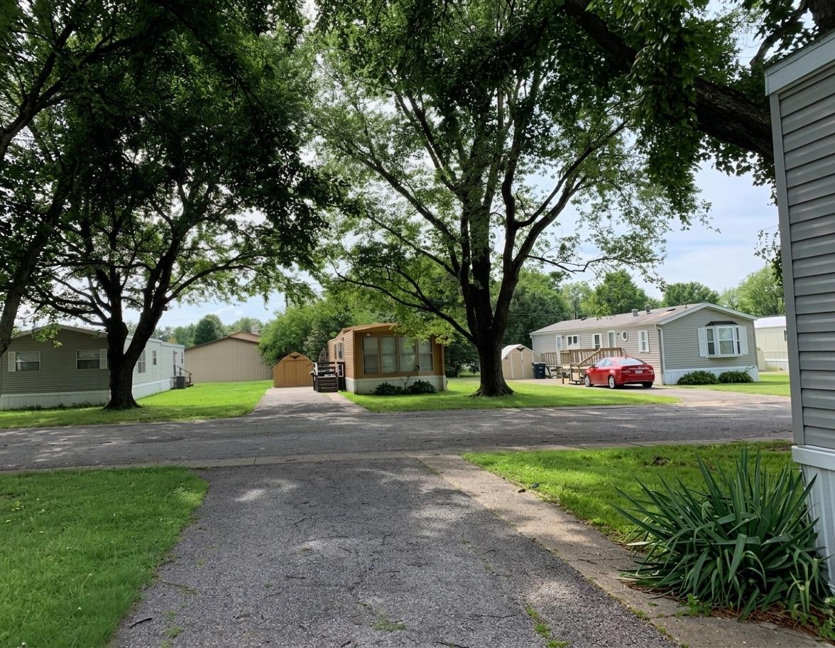 A street through All Seasons on a summer afternoon: single-section homes set back behind mown grass, mature trees arching over the road, a shed and a parked car on the far side.